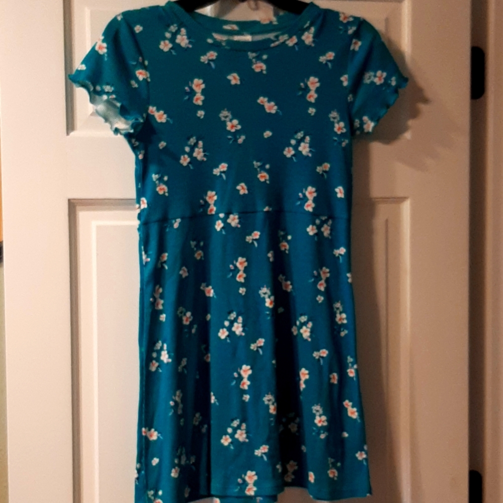 Girls Arizona jean Co dress Teal w/cream flowers, size M 10/12